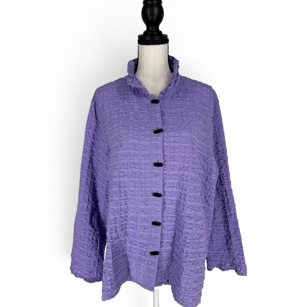 Habitat Puckered Purple Artsy Tunic Top Wired Collar Lagenlook Blouse Shirt L